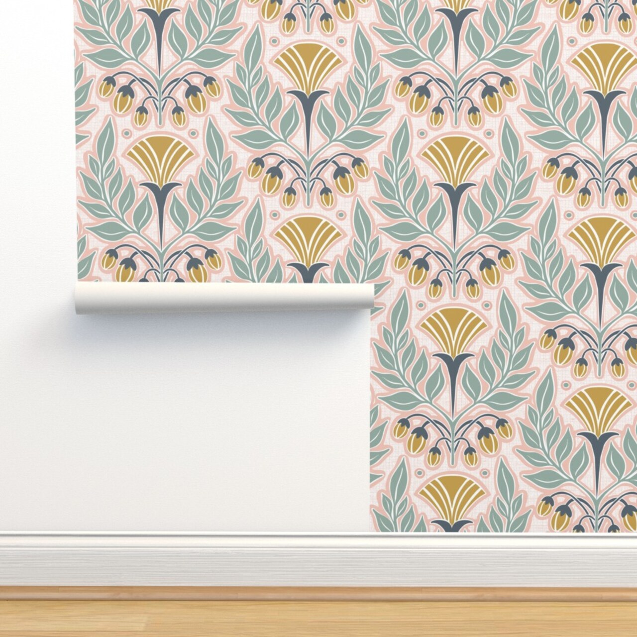 Blush Pink Art Nouveau Floral Scale Flowers Gold Mustard Spring Vintage Custom Pre-pasted Wallpaper by Spoonflower Pre-Pasted Wallpaper 2FT Wide